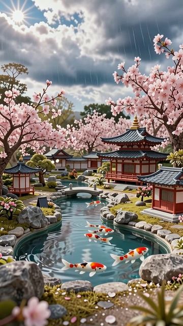 Волшебный мир японского сада с карпами и сакурой #японскийсад #сакура #карпы