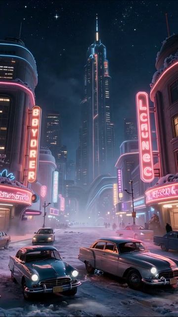 Зимний город мечты: ночные огни и ретро-авто #зима #город #ретро