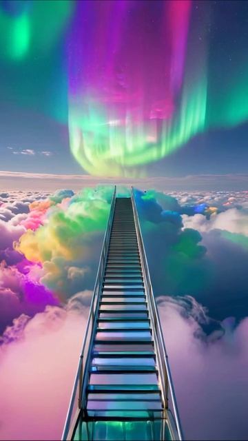 Лестница в облаках: волшебство северного сияния #северноесияние #пейзаж #мечты