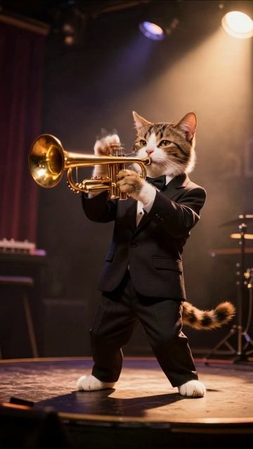 Кот-музыкант на трубе в вечернем наряде #кот #музыка #творчество