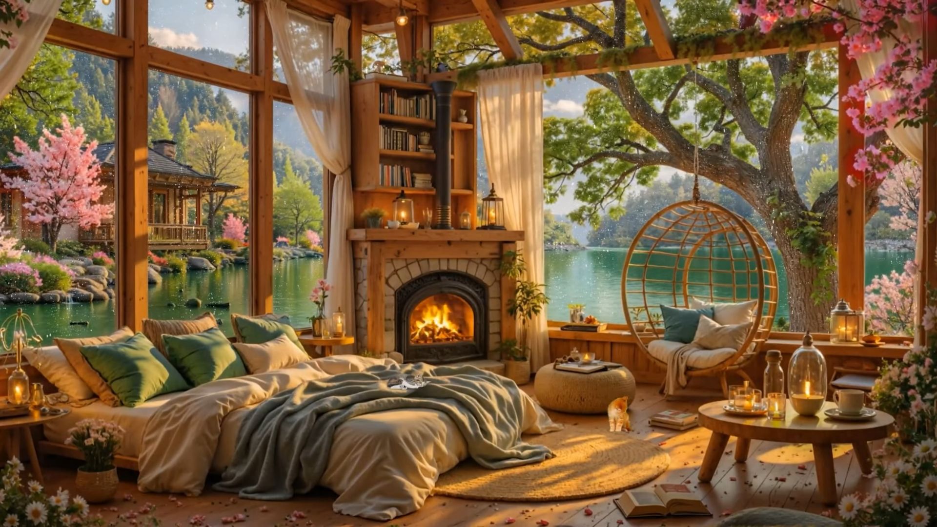 Спальня у озера с камином и джазом для сна и отдыха 🌙🔥