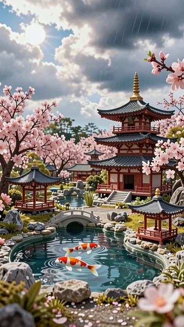 Сказочный японский сад с карпами #японскийсад #карпы #пейзаж