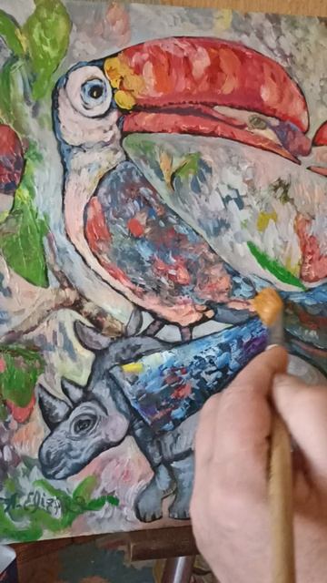 Покрываю картину Туканы и Носорог акриловым лаком