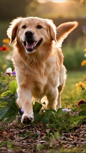 Счастливый золотистый ретривер в цветочном саду #собака #природа #радость