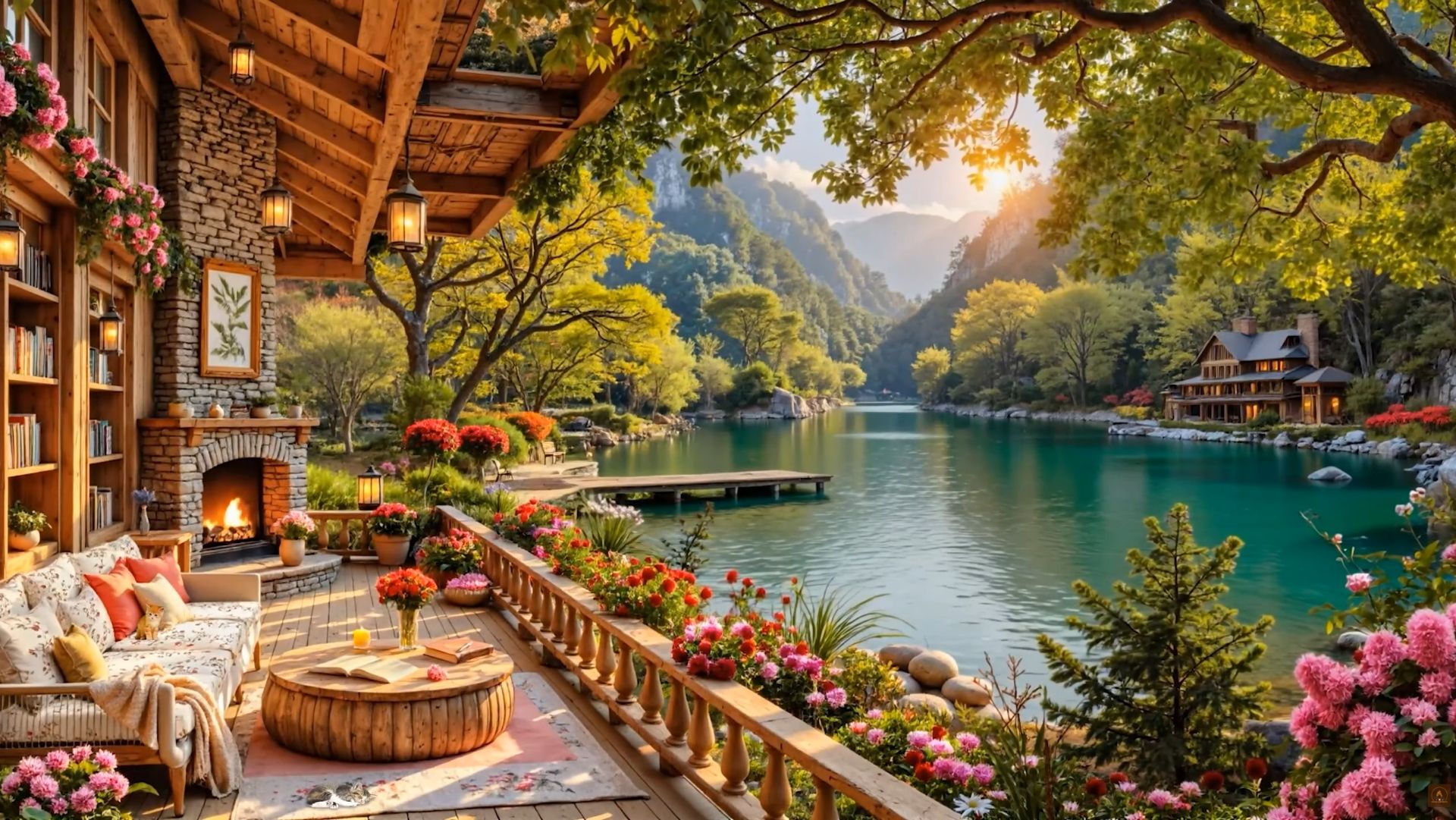 Веранда у озера с камином и джазом для отдыха на закате 🌿🔥