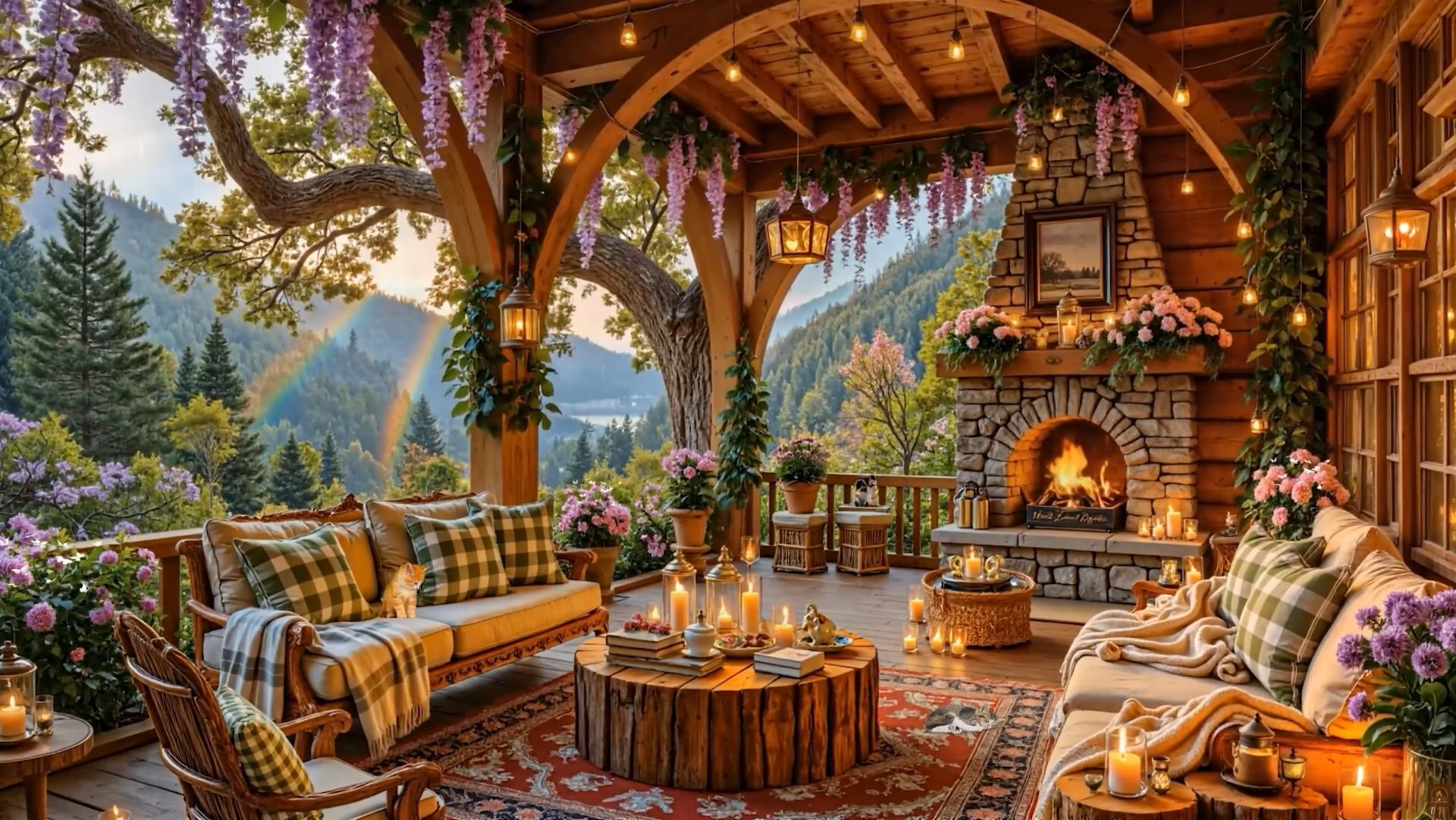 Веранда с камином и джазом в цветах для отдыха и уюта 🌸🔥