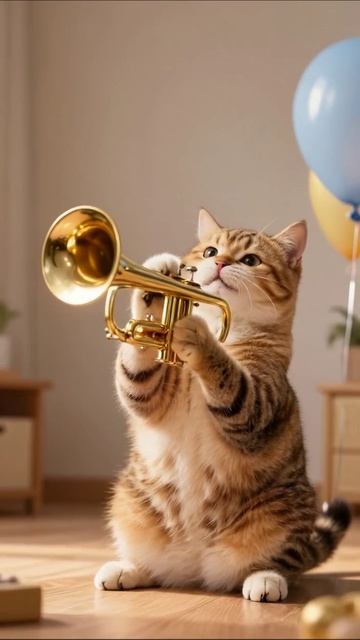 Кот-музыкант с трубой на празднике! 🎺 #кот #музыка #веселье