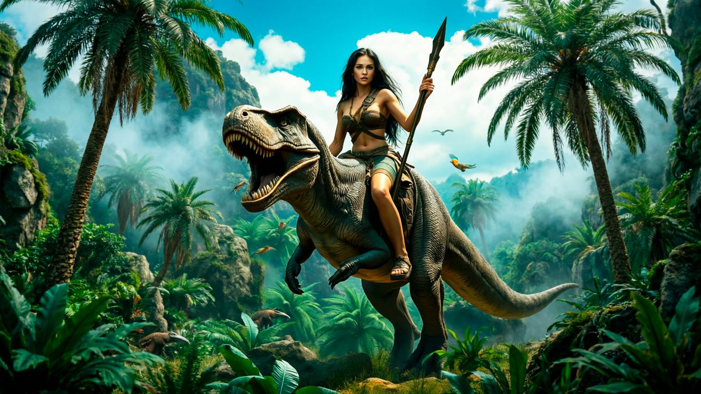 Первобытная охотница верхом на тираннозавре