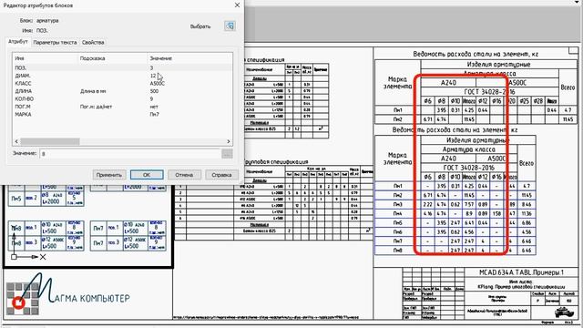 Групповая спецификация и ведомость расхода стали по блоку