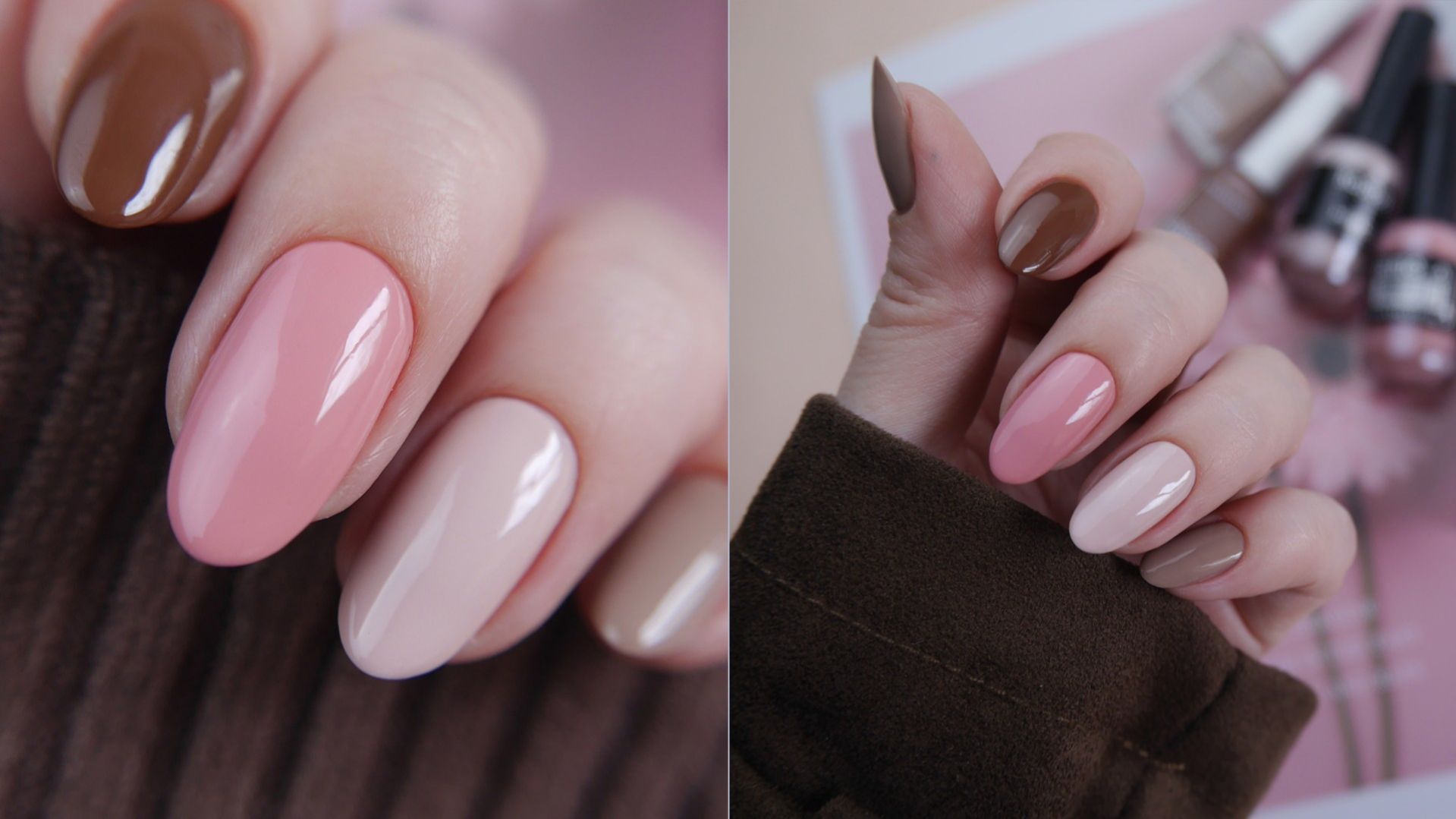 Маникюр разноцветные ногти, шоколадно-розовый маникюр (обычный лак)