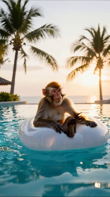 Обезьяна на надувном матрасе у тропического бассейна #обезьяна #лето #отпуск