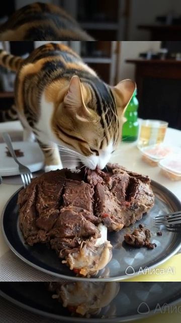 Кот ест деликатес с ИИ