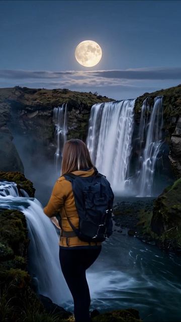 Ночной водопад под полной луной #природа #водопад #красота
