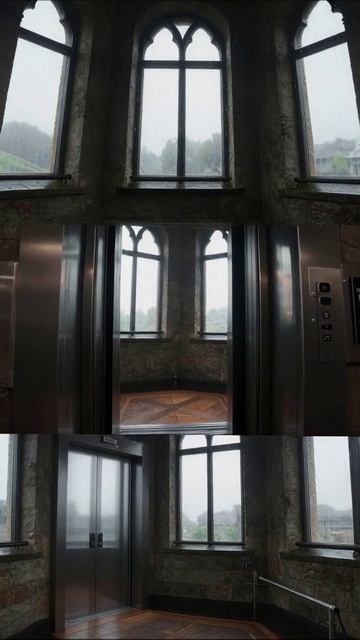 Затишный лифт с видом на дождливый пейзаж #дождь #лифт #архитектура