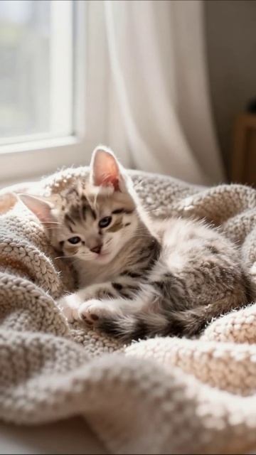 Милый котенок спит на уютном пледе #котенок #милота #домашниеживотные