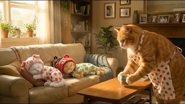 Котята заботятся о маме кошке