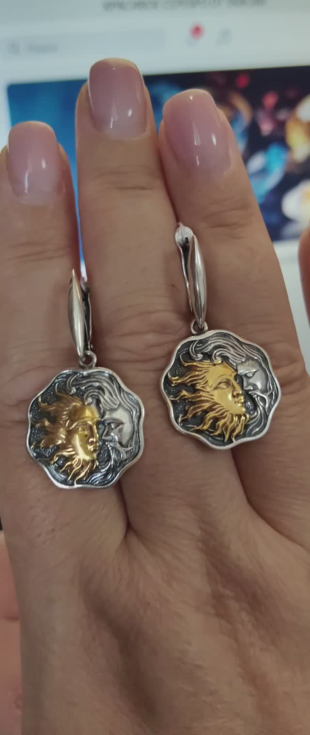 💎СТИЛЬНЫЕ СЕРЕБРЯНЫЕ СЕРЬГИ СОЛНЦЕ И ЛУНА💎