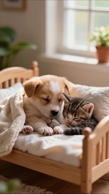 Сладкие сны: щенок и котенок вместе #питомцы #друзья #сладкиеСны
