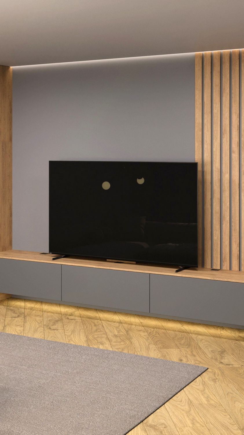 Стенка Ульяна - шкаф с подцветкой, подвесная тумба на три ящика и реечная декоративная панель