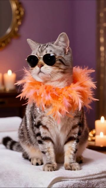 Стильный кот в очках и перьях #котики #стиль #приятныемоменты