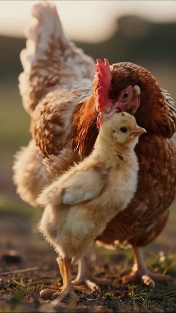 Маленький цыпленок и его мама-курица #птицы #семья #природа
