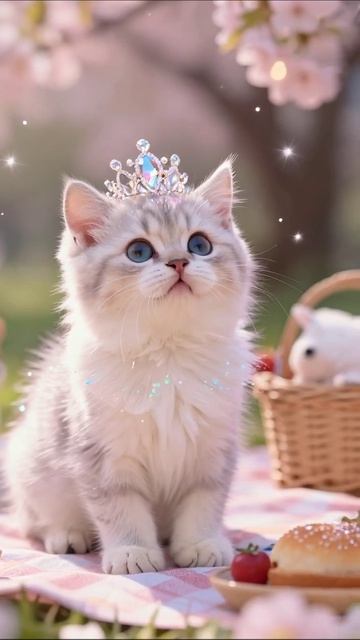 Очаровательная кошка с короной на фоне цветущей природы #котики #приключения #животные