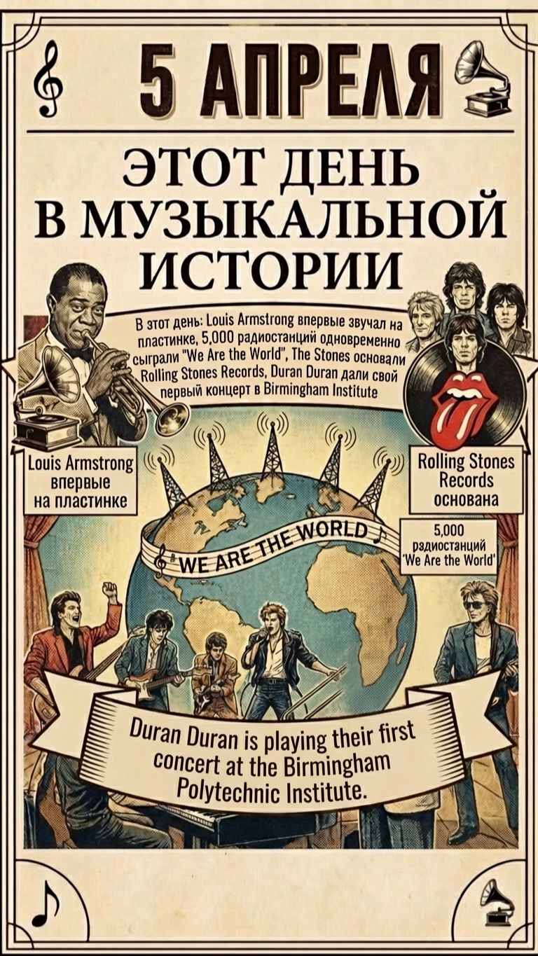 5 апреля_ Луи Армстронг_We Are The World и 5000 радиостанций_Rolling Stones Records_Duran Duran