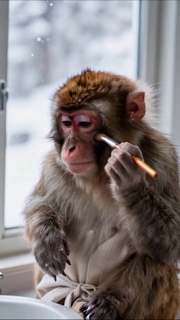 Обезьяна наводит красоту в зимнем пейзаже #обезьяны #зима #красота