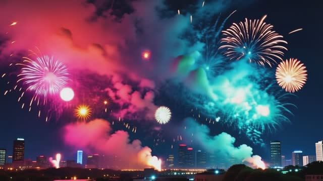 Фейерверки-радуга над городом! Взрывы света в ночи. 🎆✨