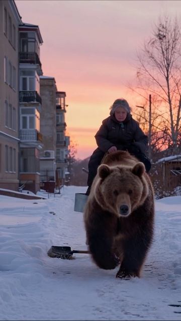 Необычная прогулка с медведем в зимнем городе #медведь #приключения #зима