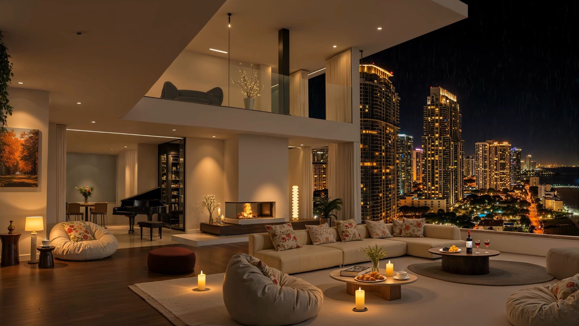 Ночная гостиная с камином и мягким джазом для отдыха с видом на город 🌃🔥