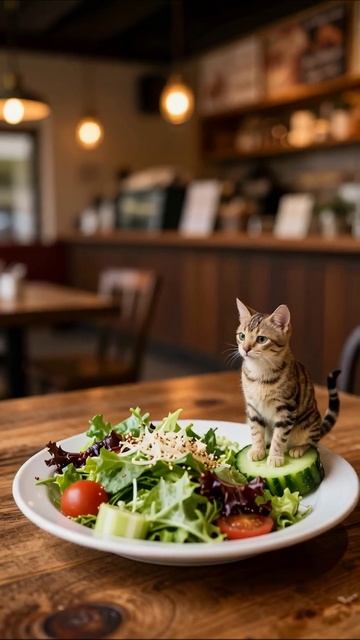Котёнок на салате: забавный момент в кафе #кот #еда #веселье