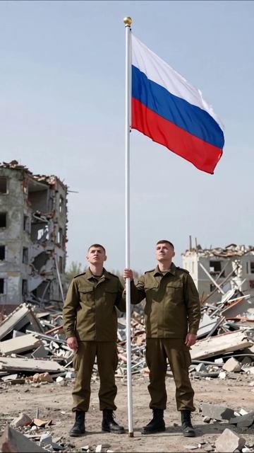 Патриотизм в разрушенном городе #Россия #Флаг #ВоенноеВремя