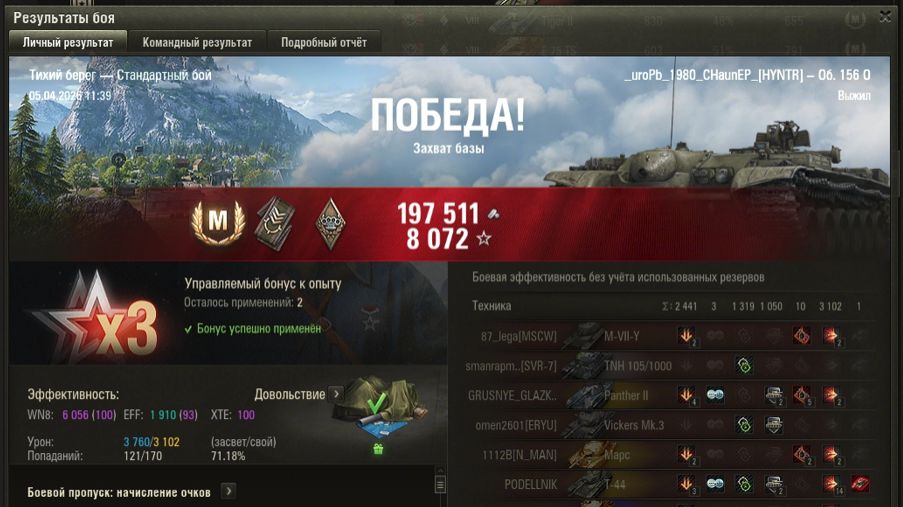 ТИХИЙ БЕРЕГ МАСТЕР на Об. 156 0 ОПЫТ: 1736 СУММАРНЫЙ УРОН: 6862