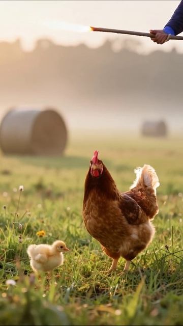 Курочка с цыпленком на рассвете #животные #ферма #природа