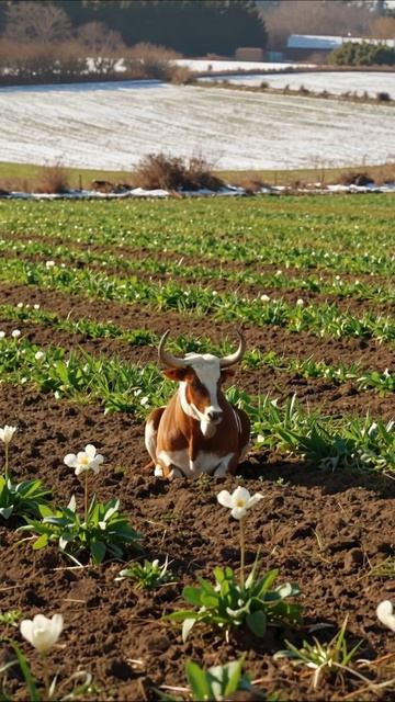 Уютное утро на ферме: корова на фоне цветущих луковиц #ферма #природа #животные