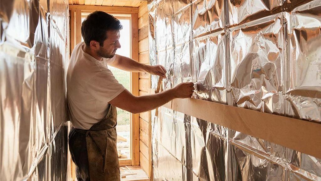 Обшиваю баню внутри фольгой на крафт-бумаге