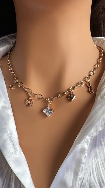 Колье с подвесками: большой фианит, весы, звезда, сердце, рука с фигой (Xuping Jewelry)