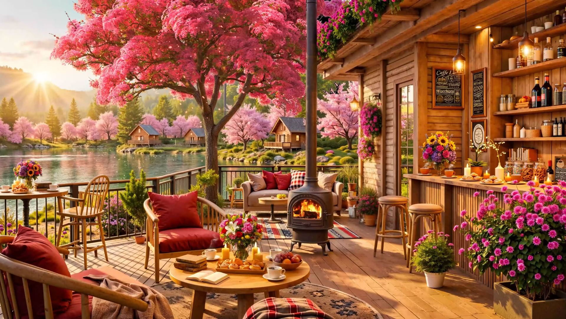 Весенняя веранда с камином и мягким джазом у озера для отдыха 🌸🔥