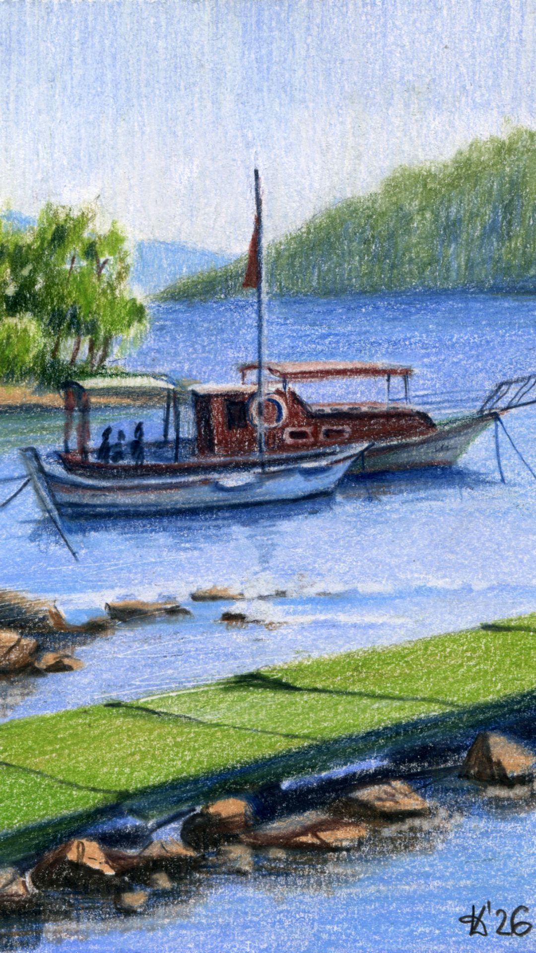 Как нарисовать бухту с лодками цветными карандашами