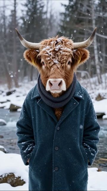 Забавный бык в зимней одежде на природе #животные #зима #хомяк