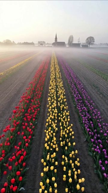 Весна на цветочном поле: тюльпаны в тумане #тюльпаны #природа #весна