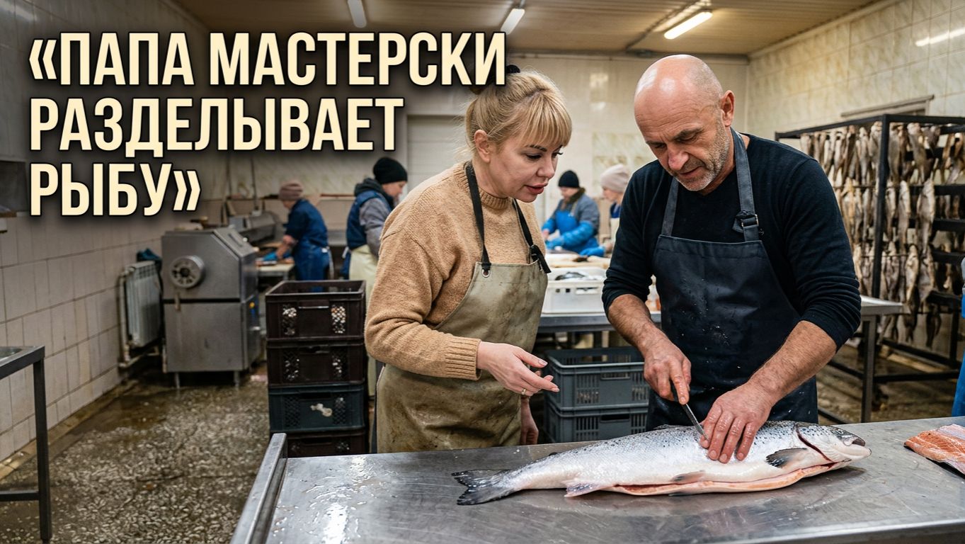 Папа мастерски разделывает рыбу