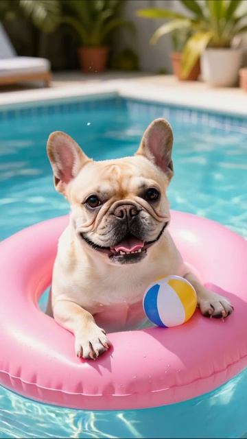 Смешной французский бульдог на надувном круге #собака #бульдог #лето