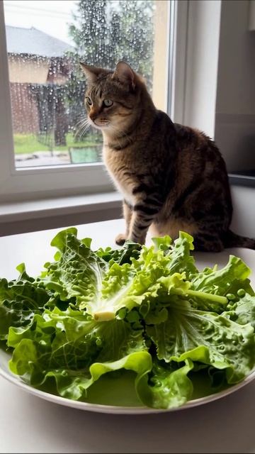 Кот и свежий салат: дождливый день на кухне #кот #салат #дождь