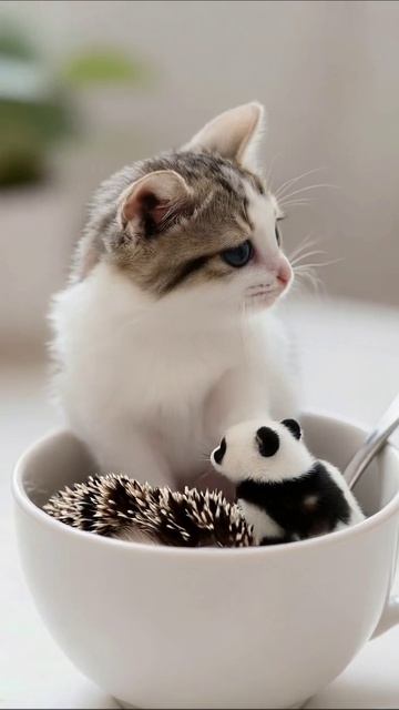Милые питомцы в чашке: котенок и ежик #котенок #ежик #питомцы