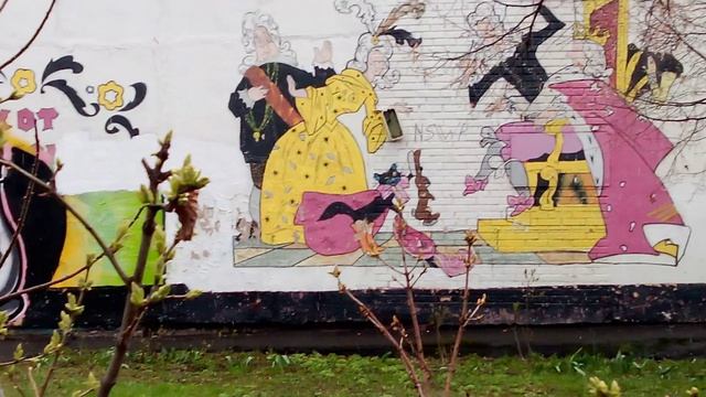 Граффити-панно по сказке Шарль Перро КОТ В САПОГАХ. Выглядит очень эпично.