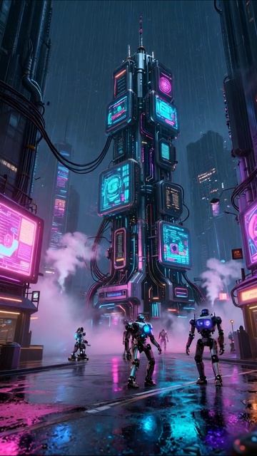 Будущее с роботами: ночной мегаполис #роботы #киберпанк #технологии