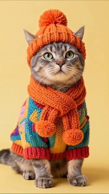 Модный котик в уютном свитере и шапке #котики #дома #мода