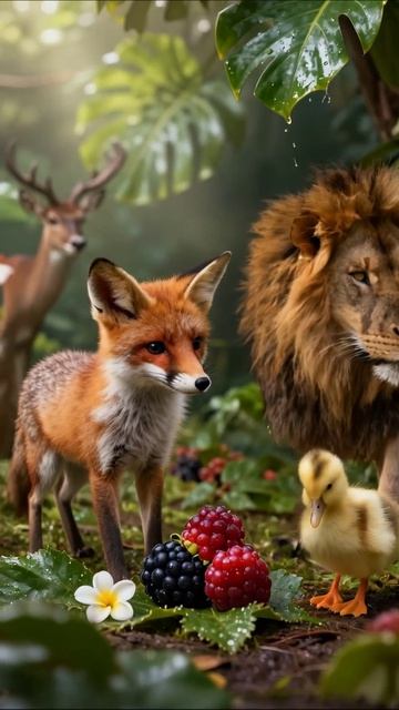 Друзья дикой природы: лиса, лев и утенок #природа #животные #друзья